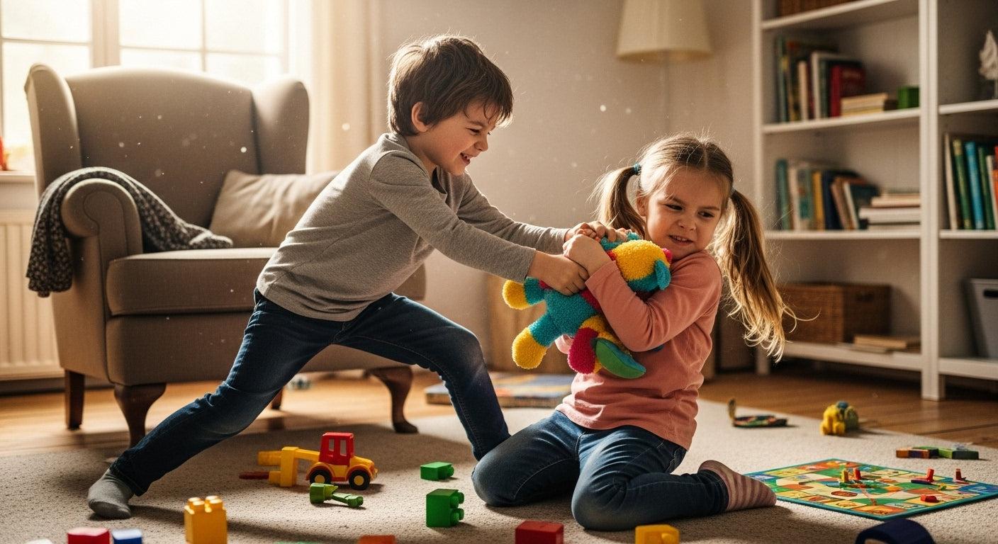 Siblings sharing toys